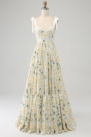 Ivory A-Line Spaghetti Straps Floral Long Prom Dress